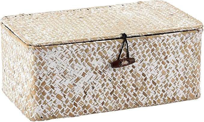 Hipiwe Wicker Shelf Baskets with Lid, X-Small Woven Seagrass Basket Bin | Rectangular Storage Baskets Household Basket Boxes for Shelf Home Organizer and Decor, Whitewash