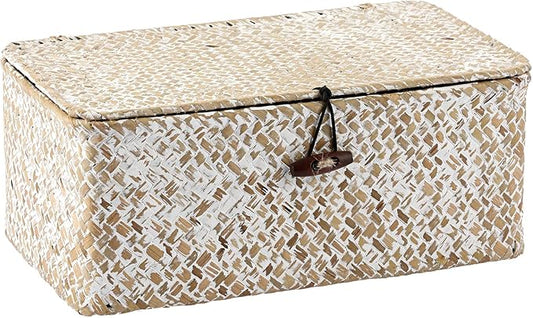 Hipiwe Wicker Shelf Baskets with Lid, X-Small Woven Seagrass Basket Bin | Rectangular Storage Baskets Household Basket Boxes for Shelf Home Organizer and Decor, Whitewash