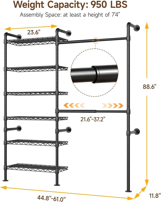H2 Wall Mounted Clothing Rack, Expandable Industrial Pipe Clothes Rack Garment Racks for Hanging Clothes, Heavy Duty Closet Organizers and Storage in Closet System, Black