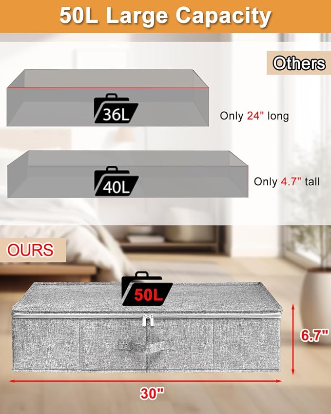 punemi 6.7 in Tall Sturdy Under Bed Storage Container with Lid, 2Pack, Gray | Stackable Clothes Storage Bag with rigid side and bottom , for Blankets, Bedding& Shoes, Closet,Dorm & Bedroom Organization