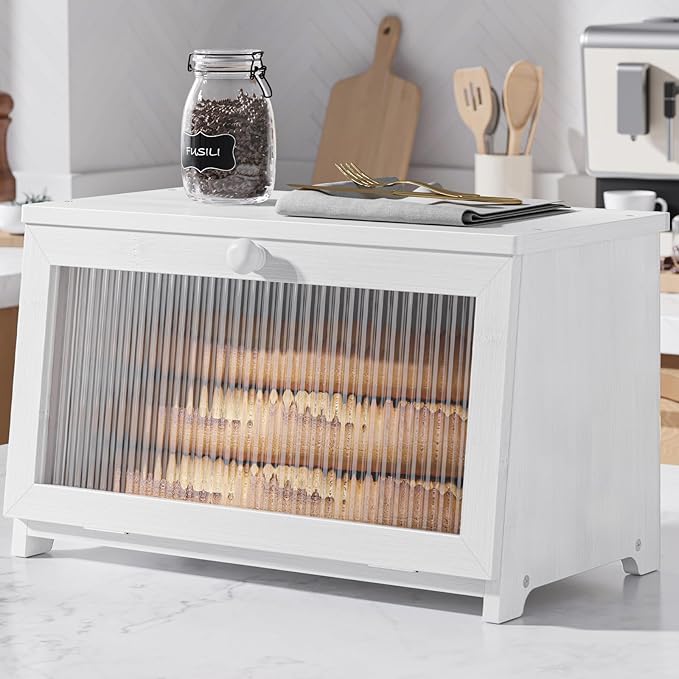 Kitsure Wooden Bread Box for Kitchen Countertop, 1-Tier, White | Large Capacity Kitchen Countertop Organizer, Stylish Bread Storage with Window, Multi-functional Container