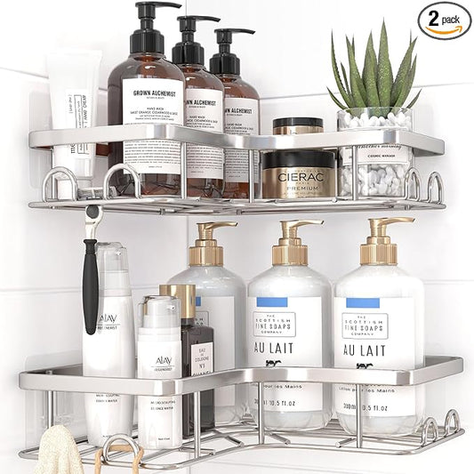 Sakugi Corner Shower Caddy - 2 Pack, Adhesive Shower Organizers, Rustproof Stainless Steel Shower Shelves with 8 Hooks, No Drilling Bathroom Organizers and Storage Racks, Space-Saving, Silver, Medium