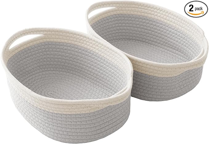 JMvicyroam Small Woven Basket, Empty Gift Basket, White&Grey/2 Pack | Small Gift Basket, Cotton Rope, 12 x 8 x 67 in, Handles, Includes Ribbon and Bag, Birthday Gift Basket