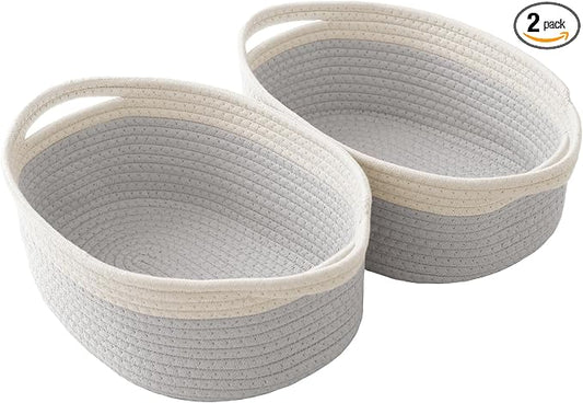 JMvicyroam Small Woven Basket, Empty Gift Basket, White&Grey/2 Pack | Small Gift Basket, Cotton Rope, 12 x 8 x 67 in, Handles, Includes Ribbon and Bag, Birthday Gift Basket