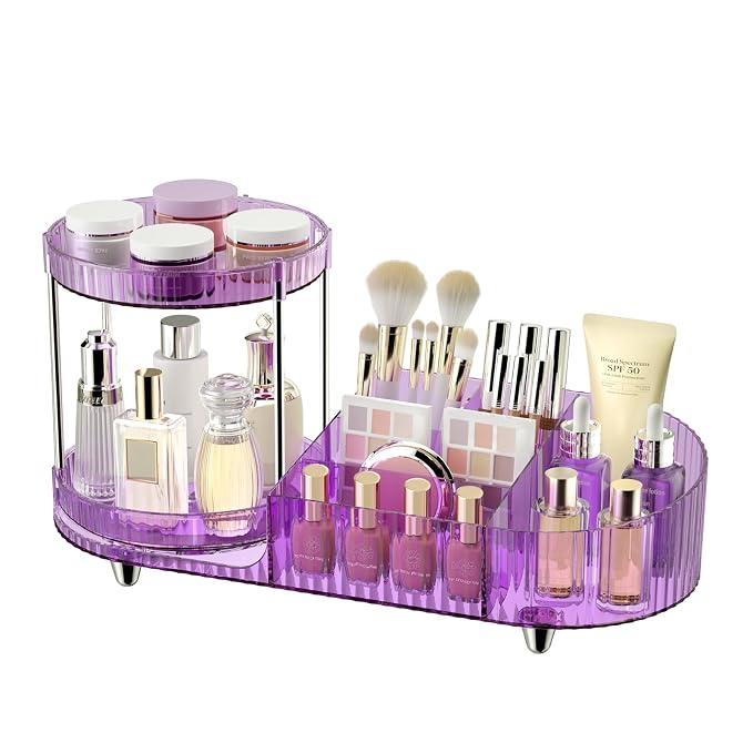 360 Rotating Vanity Makeup Organizer, 2 Small Trays & 5 Compartments for Cosmetics, Skincare, Perfume, Lipstick & Make up Brushes Holder, Purple Countertop Organizers and Storage for Dresser, Bathroom