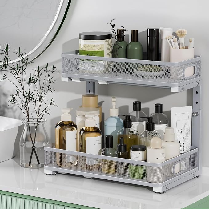 Under Sink Organizer 2 Pack, High Adjustable 2 Tier Under Sink Organizers and Storage, Slide out Metal Cabinet Organizers, Pull out Storage Drawer Shelf for Kitchen Bathroom Cabinet (Gray)