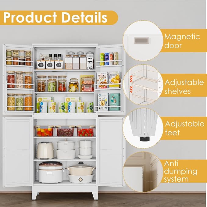 75" Tall Metal Kitchen Pantry Storage Cabinet, Freestanding Cupboard Storage Cabinet with 4 Doors and 4 Adjustable Shelves, Large Stand Up Food Cupboard for Dinning Room, Bathroom, White