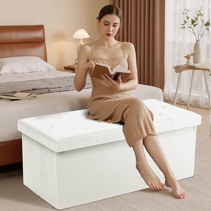 Sweetcrispy 43 Inch Storage Ottoman Bench, Folding Ottoman with Storage | Foot Rest Stool with Padded Seat, End of Bed Storage Bench for Living Room, Bedroom, Loads 660 LBS, Synthetic Leather, Beige
