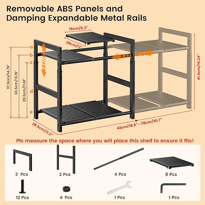 Under Sink Organizer and Storage 16.5"-30.7" Expandable Length, Adjustable Height Max 16.7" Under Sink Shelf 2 Tier with Removable ABS Panels Metal Frame for Bathroom Kitchen Pantry Cabitnet Pot Pan
