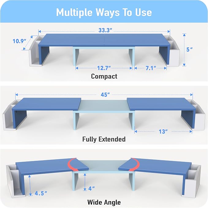 Simple Houseware Desk Dual Monitor Stand Riser with Drawer, Blue | Customizable Organizer Tray, Built-In Phone & Tablet Slot and Side Storage