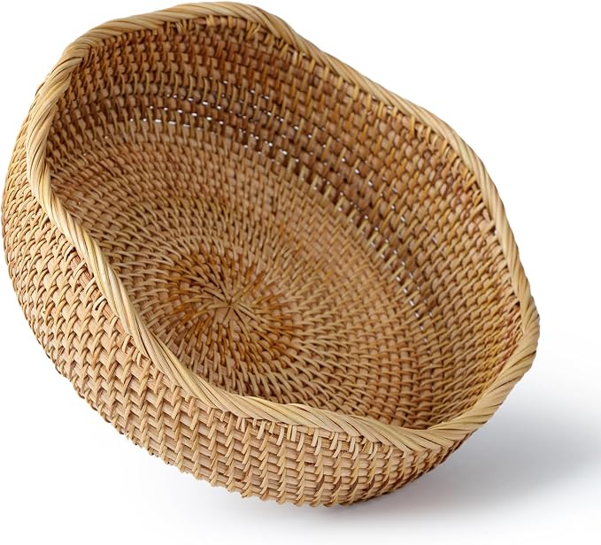 YANGQIHOME Rattan Bread Basket, Round Fruit Baskets, Wicker Storage Bowls, Natural Woven Serving Basket Bowls, Decorative Baskets for Kitchen Counter Organizing (Natural M)