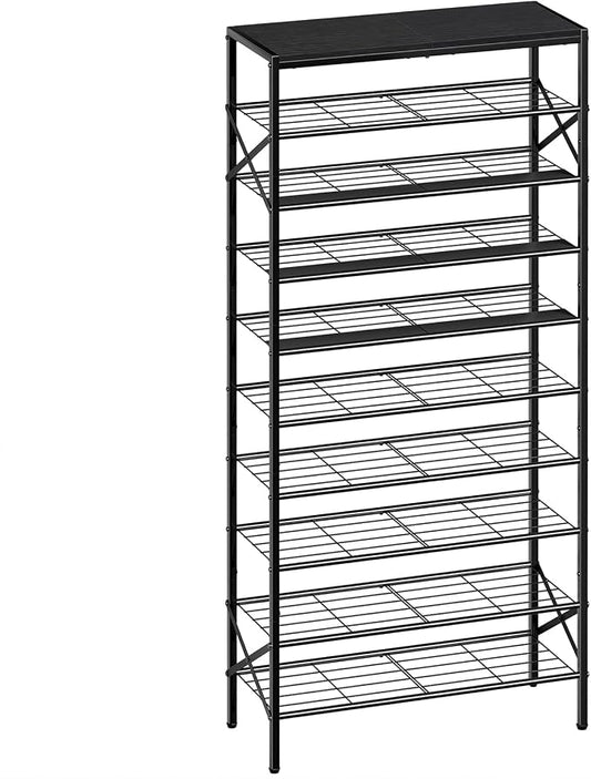 10 Tier Metal Shoe Rack with Wood Top, 30-40 Pairs Black | 65.4in tall for max capacity. 3 iron sheets secure heels. Removable shelf for boots. Top displays decor.