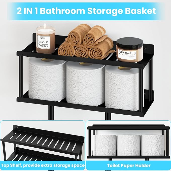 STWWO Bathroom Towel Storage Rack, 31” Towel Organizer with Storage Basket | Metal Bathroom Towel Holder with Shelf, Towel Rack with 3 Hooks for RV, Apt, Small Bathroom, Holds 5 Large Towels, Black