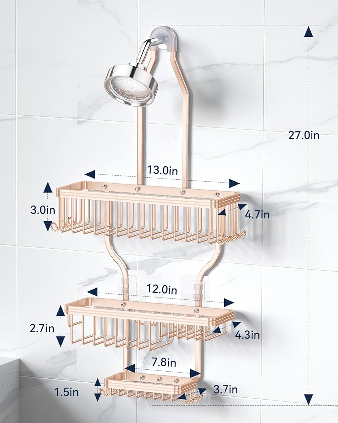 YASONIC Never Rust Shower Caddy Hanging, Aluminum Shower Racks for Inside Shower, 3-Tier Shower Organizer Hanging Over Shower Head with Hooks and Soap Holder, Rose Gold