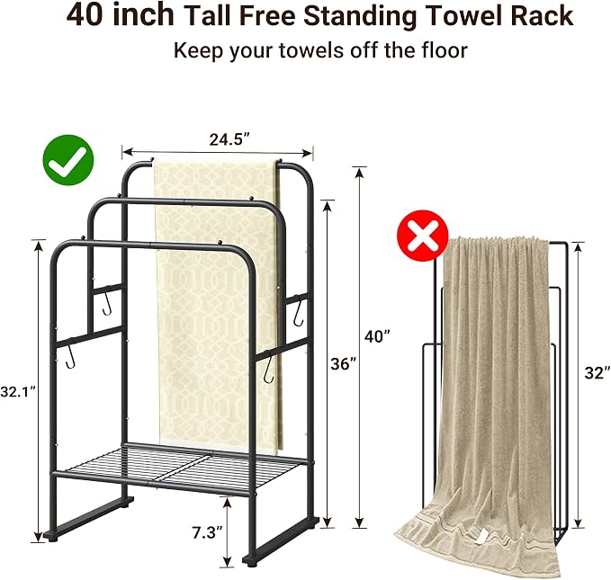 ELYKEN 3 Tier Freestanding Towel Rack with Shelf, 40" H Towel Stand, Black | Metal Drying Rack for Oversized Bath Towels & Blankets, 4 Hooks, Indoor & Outdoor Use, Fits Bathroom, Tub, Shower, Poolside
