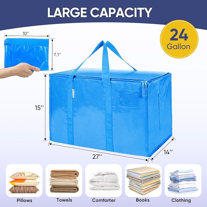 TICONN 4 Pack Extra Large Moving Bags Heavy Duty with Zippers & Carrying Handles, Durable Storage Bags Moving Boxes for Closet Organizers and Storage (4 Pack, Sky Blue)