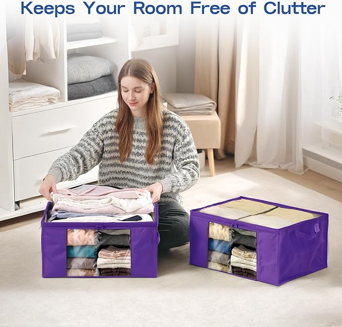 Clothes Storage Bags, Foldable Thick Fabric Blanket Storage Bags, Large Clear Window & Carry Handles, Great for Clothes, Blankets, Closets, Pillows (Purple, 4PACK)