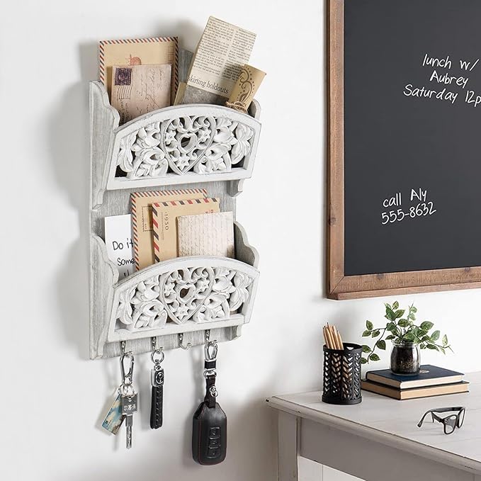 Key and Mail Holder for Wall, 2-Slot Mail Organizer Wall Mount 4 Key Hooks | Retro Hollowed-out Pattern Wooden Farmhouse Key Hangers Wall File Organizer Letter Sorter, Key Rack for Entryway Home Decor