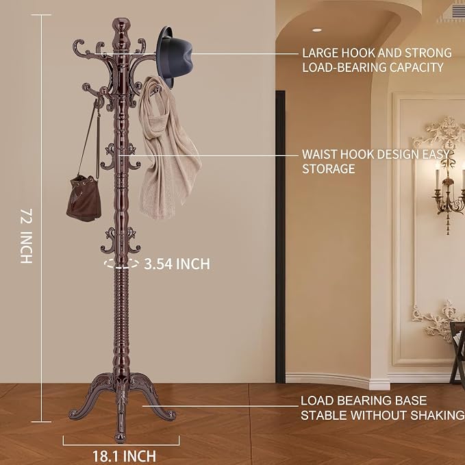 Wood Coat Rack Stand, Classic Wooden Coat Rack Freestanding with Sturdy Triangle Base, Vintage Coat Racks with 14 Hooks, Natural Birch Wood Entryway Corner Office Coat Hall Tree Hanger Stand