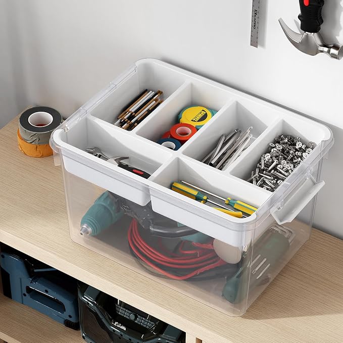 40Qt Stackable Storage Bins with Lids Trays Craft Box Organizers, 2Pack,WH | Clear Plastic Latching Boxes Organizers with Dividers Portable Containers for Arts & Crafts, Home Office Classroom Car Trunk