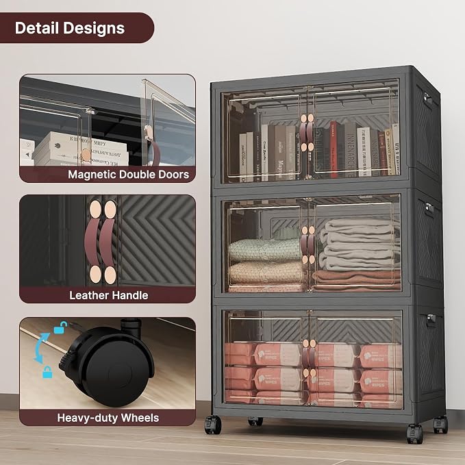 UAMFURI Stackable Storage Bins with Lids, 144QT Lockable Storage Cabinet | Folding Storage Box with Doors and Wheels, Collapsible Plastic Drawers for Home, Garage, Office
