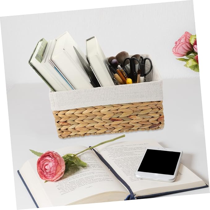 Hemobllo Woven Storage Basket Handles Rectangular Straw Organizer for Home Décor Handcrafted Decorative Storage Baskets for Shelves Laundry and Picnic