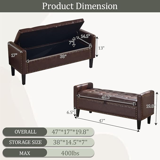 47'' Leather Storage Ottoman Bench, End of Bed Storage Bench with Wooden Legs, Upholstered Tufted Ottoman with Storage for Bedroom, Living Room, Entryway, Dark Brown