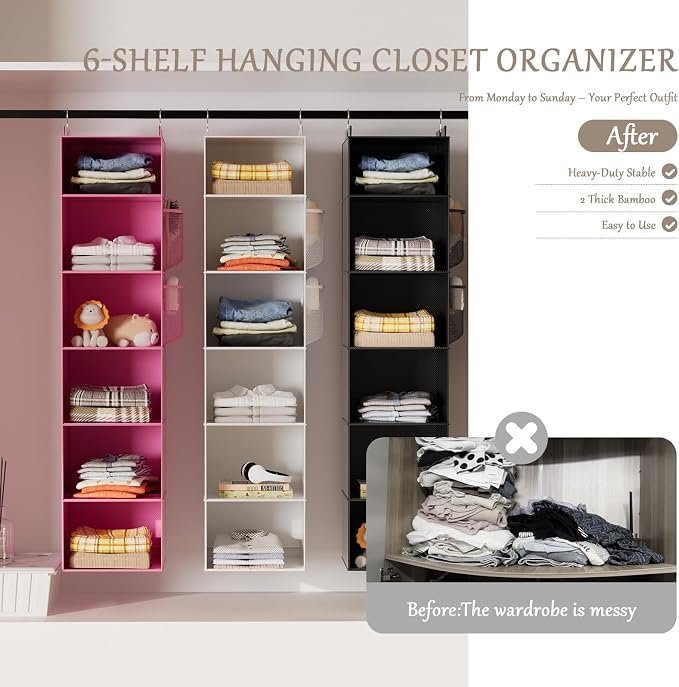 Hanging Closet Organizer and Storage with Bamboo Support, 6-Shelf Closet Hanging Storage Shelves, Closet Organizers Easy Mount Foldable for Bedroom