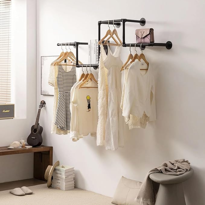 Industrial Pipe Clothing Rack, Wall Garment Rack, Hanging Clothes Rack | Heavy Duty Iron Clothes Bar/Rod, Space-Saving Clothing Hanging Rails with 2 Shelves for Closet Home Bedroom Retailer Laundry