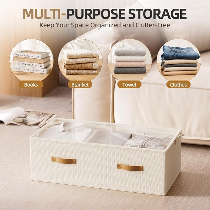 FHSQX 4 Pack Under Bed Storage Bins,10 Inch Tall,Beige, 31.5x15.8x10 inch | Clear Window, For Closet, Bed Sheets and Blankets