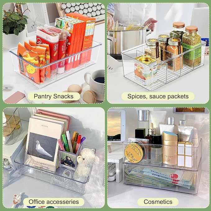 ZIZOTI Snack Organizer for Pantry Shelf, 6 Pack Clear Plastic Pantry Storage Bins with 3 Dividers for Snacks, Spices, Chips Food Organizer, Stackable Pantry Organizers for Kitchen, Fridge, Cabinet
