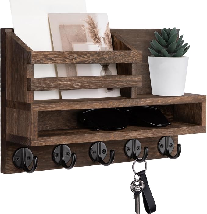 Key and Mail Holder Wall Mount, Key Hanger with Long Storage Box and 5 Hooks for Coat, Dog Leash, Home Decor Rack, House Accessories, Entry Way Organizer 11.8”W x 7.8”H x 3.2”D