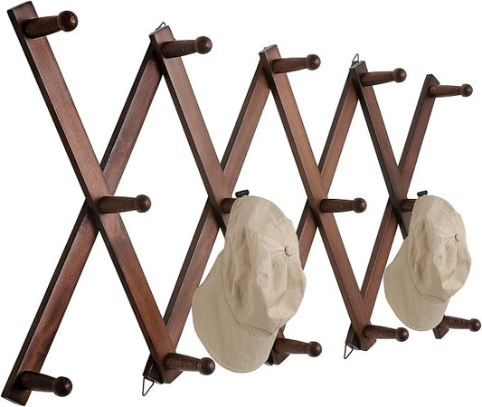 SCUNDA 16 inch High Accordion Wall Hanger with 14 Hooks, Wooden Wall Expandable Coat Rack for Coat, Hats, Baseball Caps, Coffee Mug, Jewelry