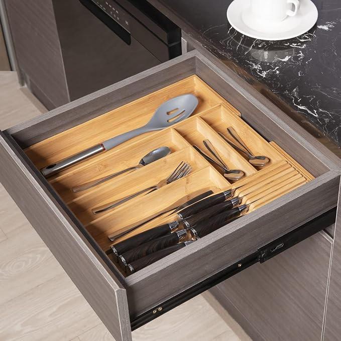 Expandable Bamboo Silverware Drawer Organizer Tray, Natural | Removable Knife Block, Holds 7 Knives, Adjustable Dividers, 12.6-21.45 x 16.3 x 2.13 in, Drawer Insert for Utensils, Forks