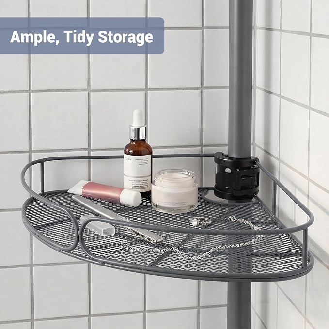 Standing Shower Caddy Corner, 4-Tier Adjustable Height Bathroom Organizer, 6-Section Pole, Sturdy Floor Standing Shelf for Shower or Bathtub – No Drilling, No Spring Tension (Gray)