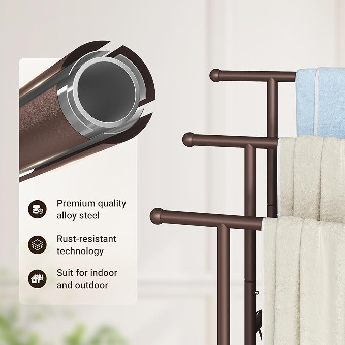 ELYKEN 3 Tier Freestanding Towel Rack with Shelf, 40" H Towel Stand, Bronze | Metal Drying Rack for Oversized Bath Towels & Blankets, 4 Hooks, Indoor & Outdoor Use, Fits Bathroom, Tub, Shower, Poolside