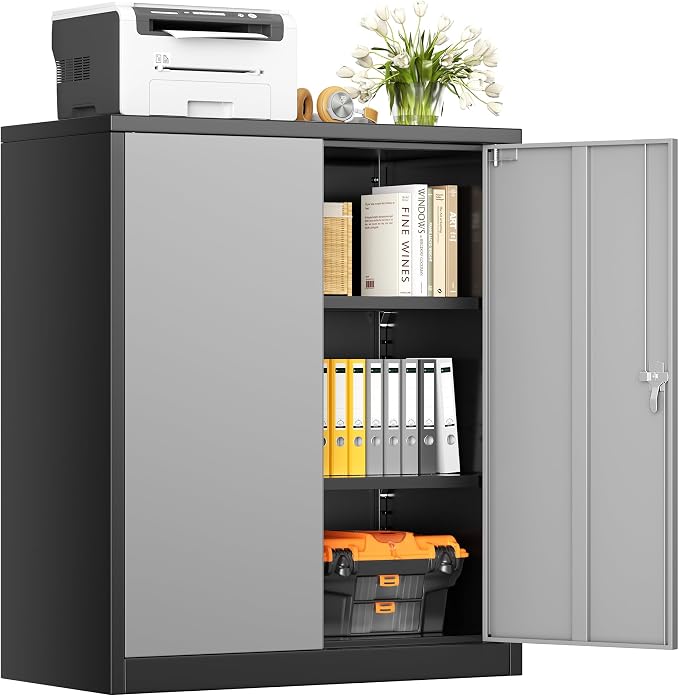 INTERGREAT Metal Storage Cabinet, 36” Steel Locking Cabinet with Doors and Shelves, Black Grey Utility Cabinet Garage Cabinets for Home Office, Garage, Kitchen