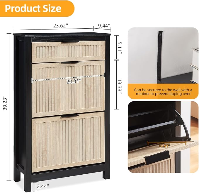 2-Flip Drawer Shoe Cabinet Narrow Entryway Rack, Oak&Black | Vertical Wood Grain, Metal Handles, Adjustable Compartments, Removable Shelf, Anti-Tip Device, for Hallway Foyer Entryway