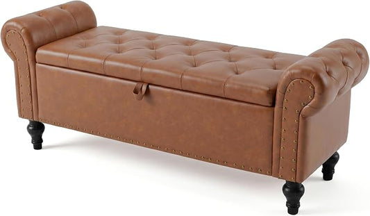 51" Storage Bench for Bedroom, Upholstered Ottoman Bench, Leather Brown | End of Bed Bench for Bedroom, Window Benches for Living Room, Entryway, Ottoman with Large Storage Space, Pet Friendly