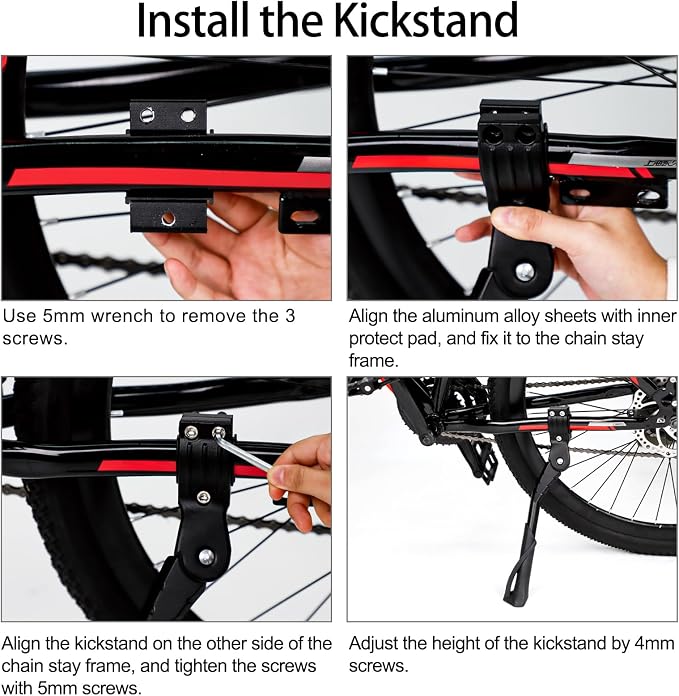 Bike Kickstand for Adult's Bike, Adjustable Rear Side Bicycle Kickstand, Suitable for 24-29 inch Mountain Bikes, E-Bike, BMX, 700C Road/Hybrid Bikes, etc. Aluminum Alloy Maximum Holds 176lbs
