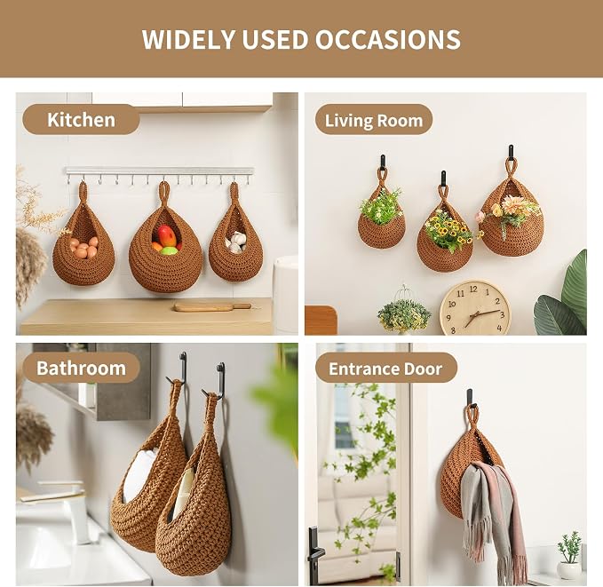 Boho Wall Hanging Fruit Baskets for Kitchen 3 Pack Woven Produce Holder with 6 Pcs Strong Hooks Vegetable Hanging Basket for Organizing Teardrop Home Wall Potato Onion Storage, Caramel