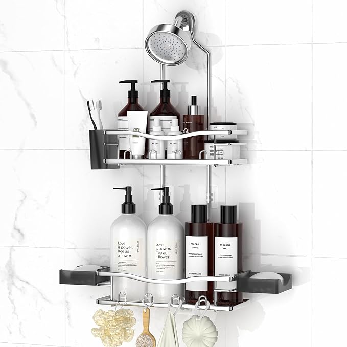 Rustproof Shower Caddy Hanging with Soap Holders for Bathroom, Silver | Shower Organizer with Multi Hooks Toothbrush Holder, No Drilling, Anti-Swing, Storage for Shampoo Conditioner Body Wash