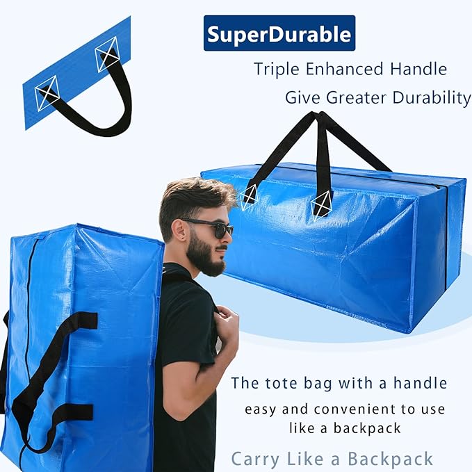 Heavy Duty Extra Large Blue Moving Bags with Strong Zipper Backpack Handles | 4 Pack Clothes Storage Bags Totes Space Saving Moving Boxes Bins Packing Bags for College Dorm Compatible with Ikea Frakta
