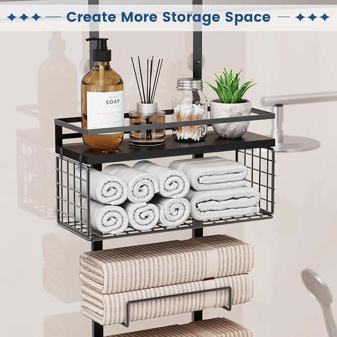 Aetyord Towel Racks for Bathroom Over The Door Towel Racks Towel Storage Organizer with Metal Shelf Basket for Bathroom Rv Camper (7-Tier Black)