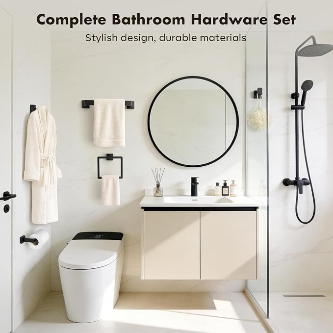 15-Pieces Matte Black Bathroom Accessories Set, 16 Inch Bath Towel Bar Set | Stainless Steel, Towel Ring, Toilet Paper Holder, Robe Hooks, Towel Racks for Bathroom Wall Mounted, Bathroom Hardware Set