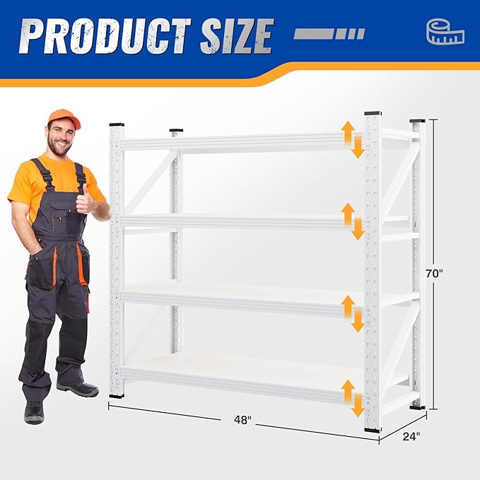BYNSOE 48" W Storage Shelves 3000lbs Garage Metal Shelving Heavy Duty Garage Shelves Adjustable Storage Shelves for Industrial, Factory(White, 48" W X 24" D X 69" H)