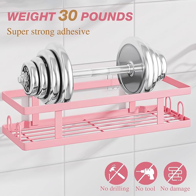 Youvip Adhesive Shower Caddy,Shower Shelves with Soap Holder and 12 Hooks,No Drilling Bathroom Organizer and Storage,Pink,3 Pack