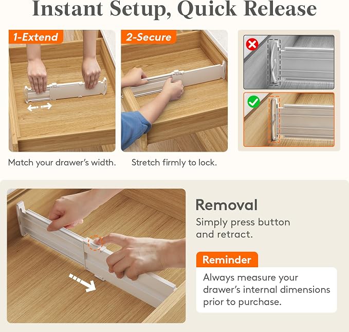 Lifewit Drawer Dividers for Clothes, 3.2" High 10.5"-16.5" Expandable Dresser Drawer Organizers, Adjustable White Plastic Separators for Kitchen, Cabinet, Nursery, Socks & Underwear Storage, 8 Pack