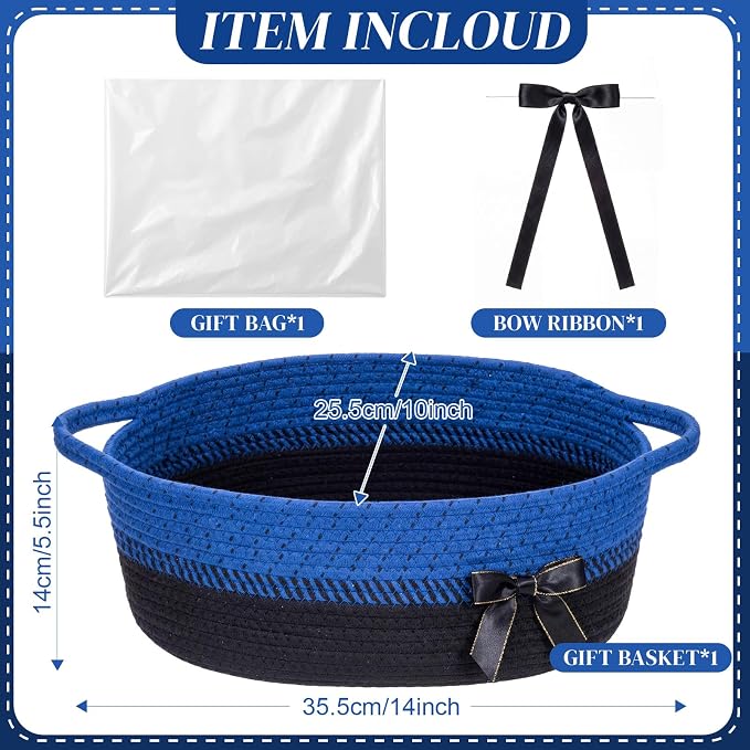 Colingmill 1 Set Woven Empty Basket for Gift,Blue Black | with Cellophane Wrap Set, 14 x 10 x 5.5 Inch, Medium Decorative Gift Basket, Cotton Rope Storage Box, Home Decor