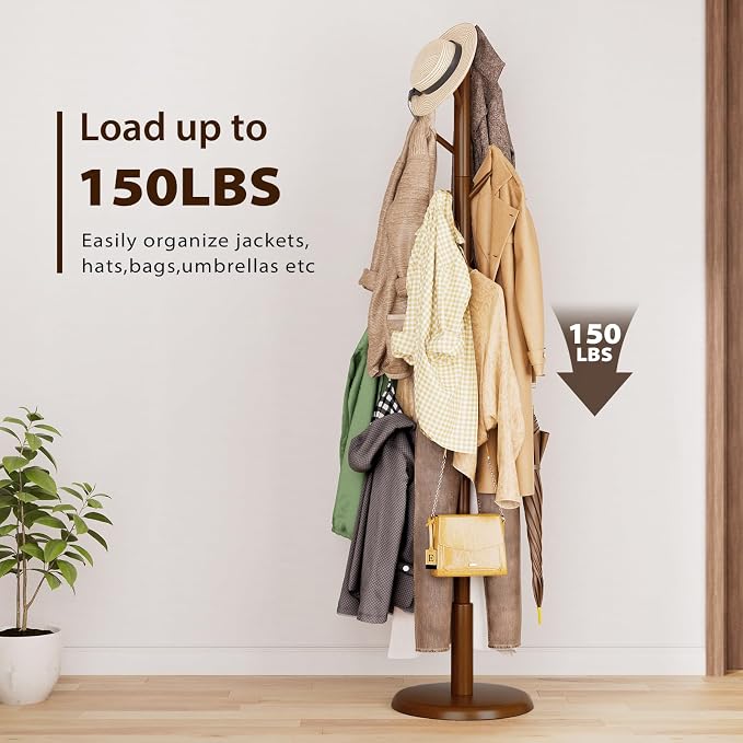 Taitiy Solid Wood Coat Rack Freestanding Coat Tree with 10 Hooks | for Bedroom, Livingroom, Entryway, Sturdy Coat Hanger Stand for Hats, Coats, Scarves, Handbags, Purses